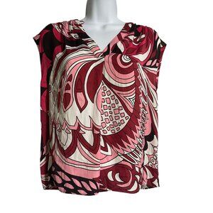 Maison d'Amelie Red Pink White abstract Print Vneck Sleeveless Blouse Size XS
